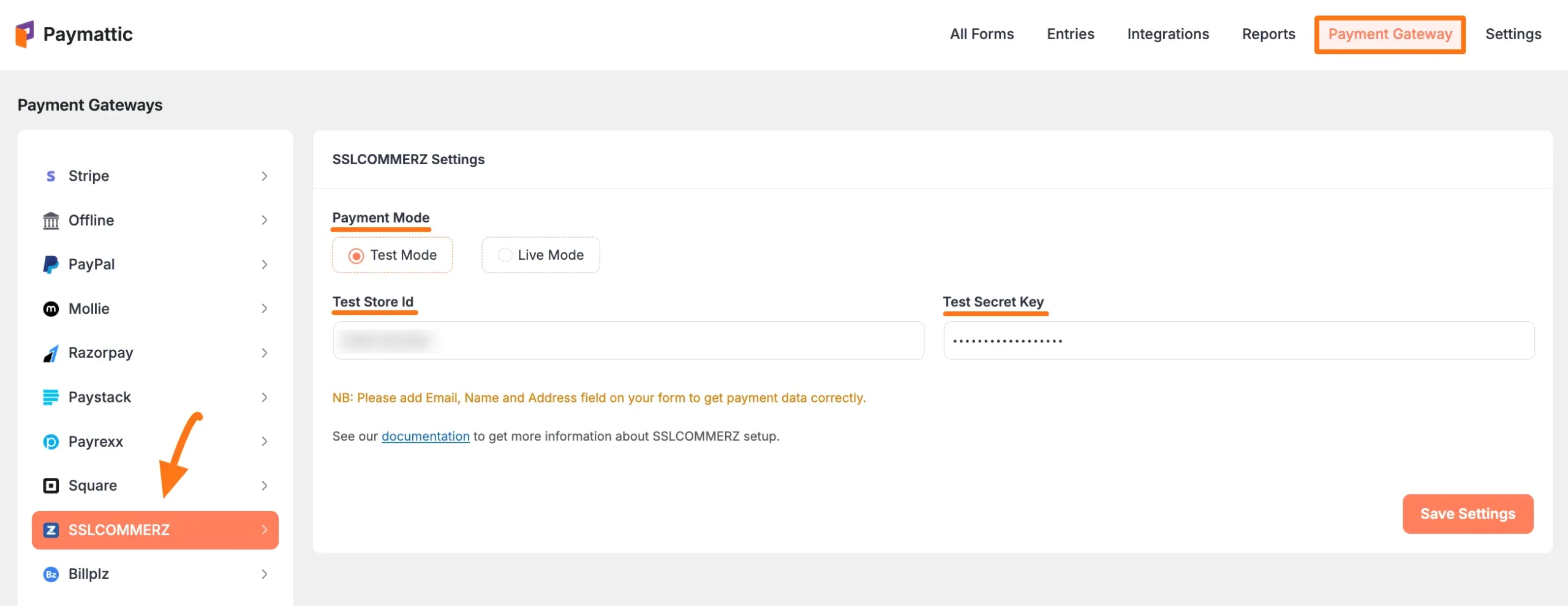 SSLCOMMERZ Settings Page