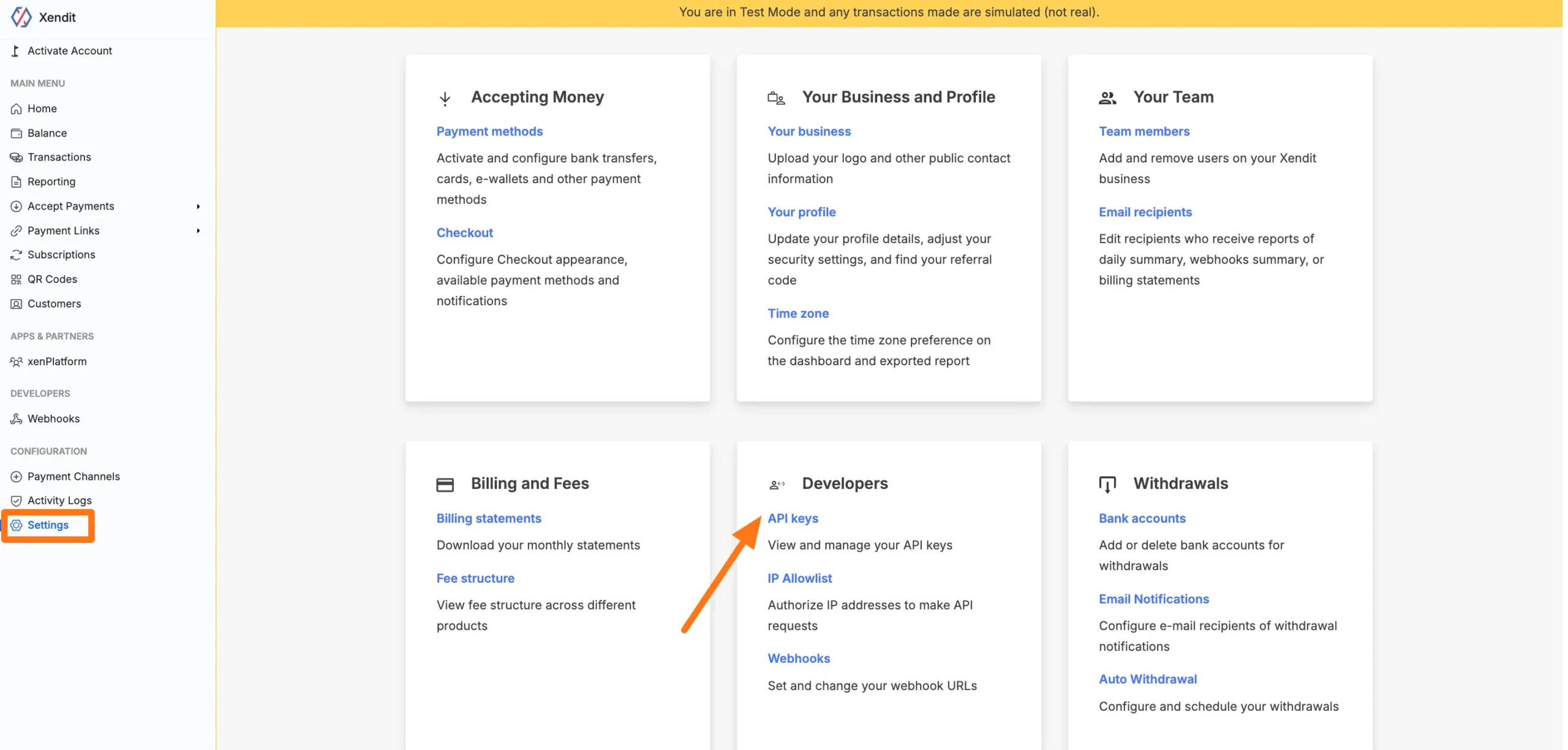 Xendit Settings - API Keys