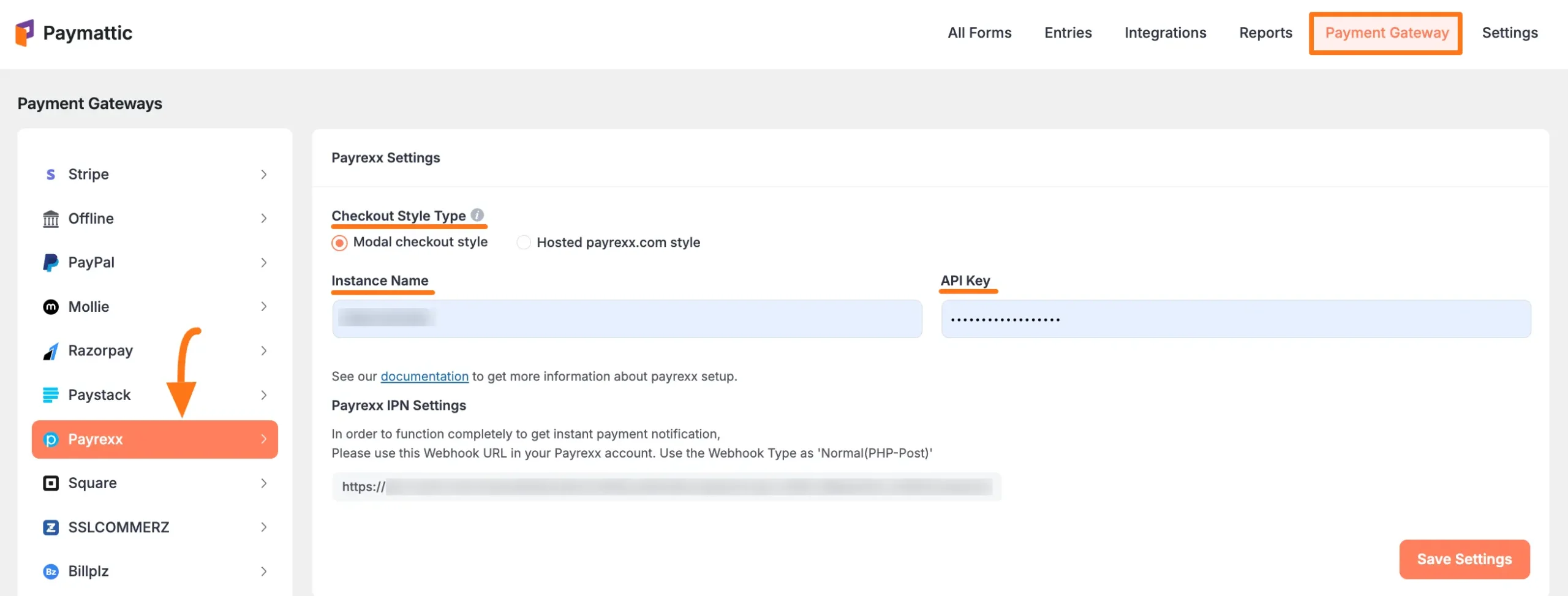 Payrexx Settings Page in Paymattic