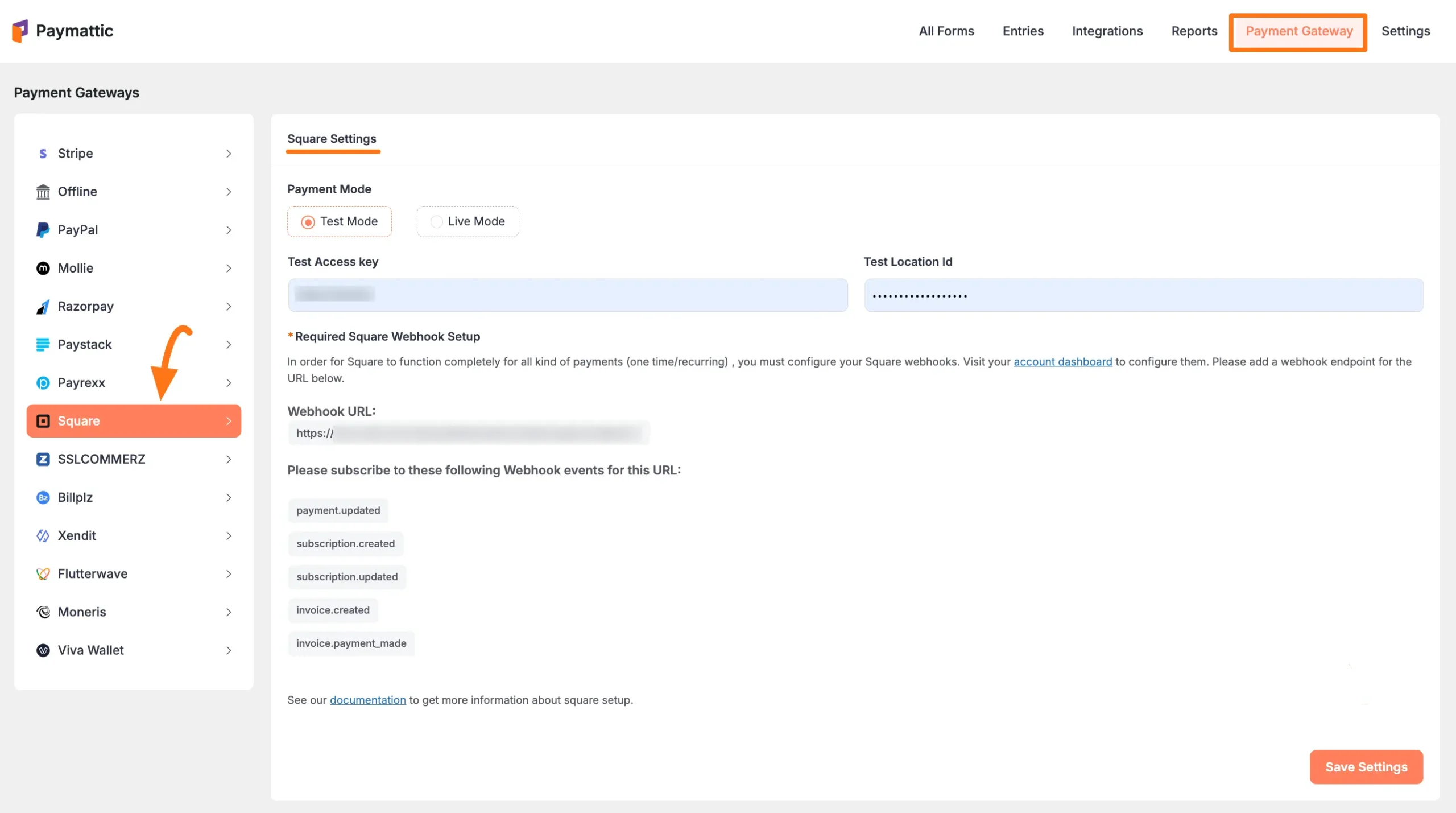 Square Settings Page