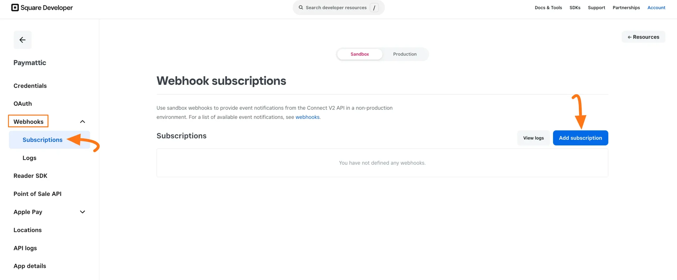 Square Webhook Settings
